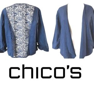 NWT Chico's Blue Jacket Linen w Lace Back Open Front Drape